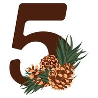 number 5 with new year design, namely different pine cones and pine branches for christmas and new year designs vector