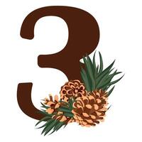 number 3 with new year design, namely different pine cones and pine branches for christmas and new year designs vector