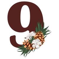 brown number nine with Christmas design, namely pine cones, cotton flowers and pine branches, for various calendars, diaries or posters vector