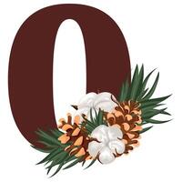 brown number zero with Christmas design, namely pine cones, cotton flowers and pine branches, for various calendars, diaries or posters vector