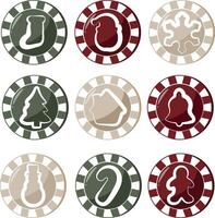 large color set of poker chips with christmas, new year design with new year icons in new year colors vector