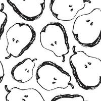seamless pattern with pear halves in sketch style drawn in black lines, for different textiles, designs or banners vector