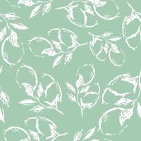 seamless pattern with lemons and lemon branches in sketch style drawn with white lines on green background, for textile, packaging or various patterns vector