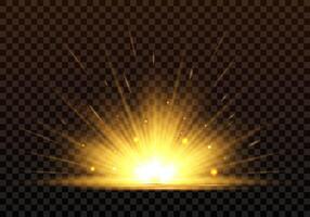 A bright golden light effect, sunrise, sunrays, burst, star. Highlights and multiple realistic rays. Isolated abstract effect on dark background for web designs, new year, birthday, concerts and etc. vector