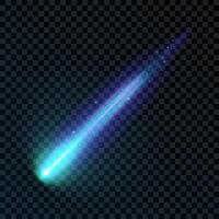 Light effect with a burning comet highlight, meteor, shooting star. A realistic blue design element. An isolated neon ray on a dark background. Perfect for space designs. vector