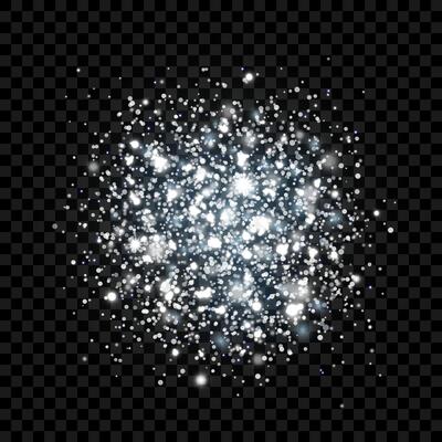 Spot of silver glitter, sparkles, confetti. Isolated scattering particles with light effect. Abstract element with flares, glares and stars. Luminous points for creating luxurious designs.