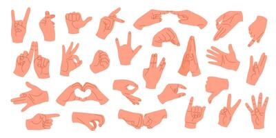 Set of human hands with different gestures and positions. Hands showing rock sign, high five, greeting, love, OK, fist and other signs. Isolated illustrations on a white background. vector