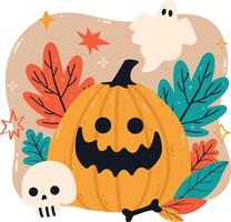 Halloween pumpkin with skull and ghost flying vector