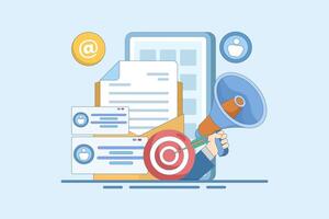 Concept of approaching target audience using email marketing, Online business strategy, Advertising, Email newsletter, sending messages, marketing materials, banners. Flat illustration. vector