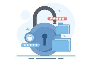 file security and safety concept. folder lock application or software. giving a password to a document. user with a big padlock. illustration in flat style design. vector