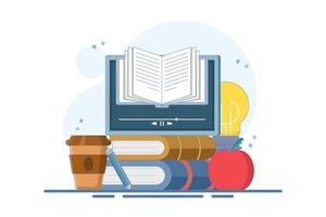 Online education concept, A person gains knowledge to achieve success and better ideas. Online education or business training. Device with open book, light bulb, apple, Flat illustration. vector