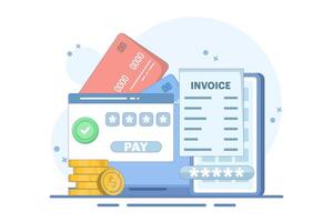 Online payment concept. Device with electronic invoice. Confirmation of financial transaction via SMS. Coins and cards in the background. Flat style illustration in the background. vector