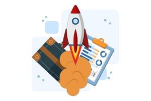 growth and success concept in business. rocket launch from briefcase containing coins and clipboard, symbolizes growth and success in business. flat illustration on background. vector