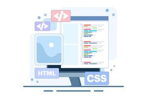 Web development concept. Programming languages. CSS, HTML, IT, UI. Programmer developing websites, coding. Banners. Flat illustrations on background. vector