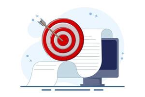 successful business goal or objective concept, target on computer display, good online campaign or strategy, internet audience targeting, mission achievement. flat illustration on background. vector