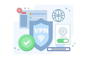 VPN Service Concept. Virtual private network access. Secure internet connection and privacy protection between computing devices and computer networks. Flat illustration on background. vector