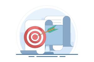 successful business goal or objective concept, target on computer display, good online campaign or strategy, internet audience targeting, mission achievement. flat illustration. vector