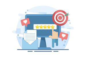Concept of Best quality, Highest value, Online customer rating and reviews, Product and service rating, Hand clicks, top rating, reputation system program. vector