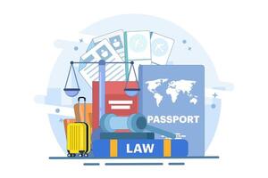 Immigration law concept. Law book with passport, visa, suitcase, scales of justice, judge's gavel. Emigration and immigration. Flat illustration on background. vector