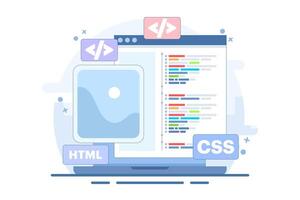 Web development concepts. Programming languages. CSS, HTML, IT, UI. Programmers who develop websites, code. vector
