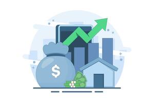 Concept of investing in home or real estate. Real estate and stack of coins with increasing graph. Saving for home, property financing, money investment. Flat illustration on background. vector