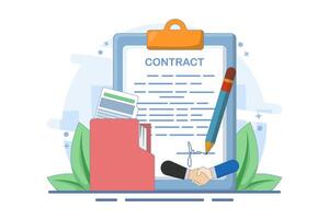 Business Transaction Concept, Contract and Signature Document, Government Policy, Agreement, Trust, Businessman Leader or Client Using Pen to Sign Document. Flat Illustration. vector