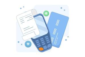 digital or electronic transaction concept, Contactless Payment. Hand holding payment card near POS terminal to pay. Transaction with NFC technology. Flat illustration on background. vector