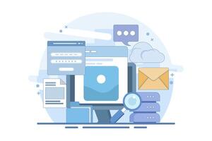 Cloud computing network concept, Cloud applications, applications connected to cloud technology, Data storage and processing. Backup. Services and hosting. Copying files. illustration. vector