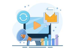 marketing automation concept. automated, repeatable, and more efficient marketing system. digital marketing and technology. computer monitor. flat style design illustration. vector