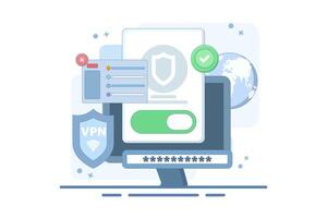 VPN Service Concept. Virtual private network access. Secure internet connection and privacy protection between computing devices and computer networks. Flat illustration. vector