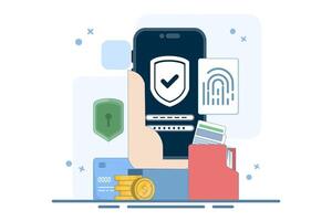 Concept of data protection with fingerprint. Biometric security system. Personal data protection, biometric lock. Data and account protection with fingerprint scanner. Flat illustration on background. vector