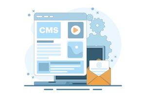 Concept of administration of content management system cms. CMS. Blog, Blogger. Freelancing. Creative writing. Script writing. Content for web page templates. Flat illustration. vector
