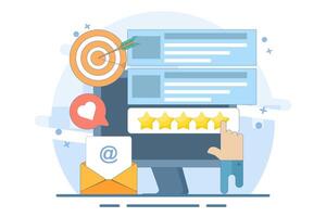 Concept of Best quality, Highest value, Online customer rating and reviews, Product and service rating, Hand click, top rating, reputation system program. Flat illustration on background. vector