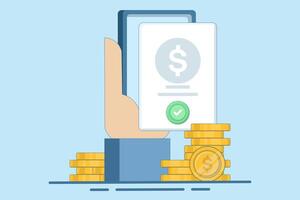Concept Check money online on mobile phone, mobile phone with check mark and coins. online payment, confirmed internet transaction, digital money transfer. flat illustration on blue background. vector