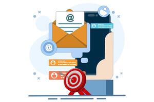 Concept of approaching target audience using email marketing, Online business strategy, Advertising, Email newsletter, sending messages, marketing materials. Flat illustration. vector