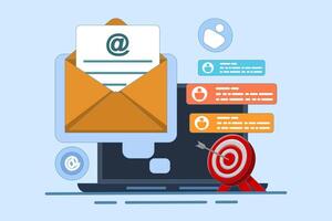 Concept of approaching target audience using email marketing, Email newsletter, messaging, Online business strategy, Advertising, Marketing materials. Flat illustration on background. vector