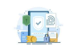 Concept of data protection with fingerprint. Biometric security system. Personal data protection, biometric lock. Data and account protection with fingerprint scanner. Flat illustration. vector