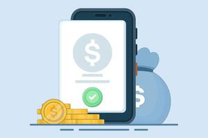 Concept Check money online on mobile phone, holding mobile phone with check mark, and coins. digital marketing, online payment, Confirmed internet transaction, Digital money transfer. vector