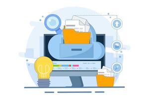 Electronic document management concept. File management administration. Organizing documents into archive folders. File management and administrative work. Flat illustration on background. vector