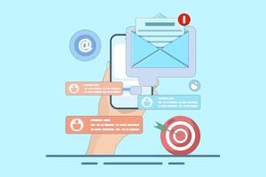 Concept of approaching target audience using email marketing, Email newsletter, messaging, Online business strategy, Advertising, Marketing materials. Flat illustration. vector