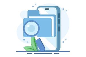 Scan Draft or check folder documents, find or browse file archive documents. investigate document archive review, online analysis, reports or documents, check legal documents. flat illustration. vector