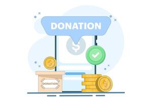 Cash donation concept. Put coins in donation box and donate with online payment card. Social assistance. Financial support and fundraising. Flat illustration on background. vector