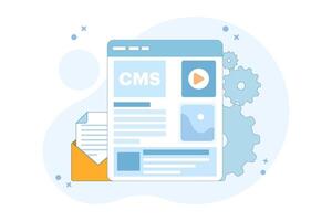 Concept of administration of cms content management system. CMS. Blog, Blogger. Freelancing. Creative writing. Script writing. Content for web page templates, banners, flyers. Flat illustrations. vector