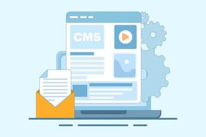 Content management system administration concept cms. CMS. Blog, Blogger. Freelancing. Creative writing. Script writing. Content illustration for web landing page template, banner, flyer. vector