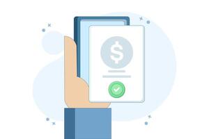 Concept Check money online on mobile phone, holding mobile phone with check mark and coins. digital marketing, online payment, confirmed internet transaction, digital money transfer. flat illustration vector