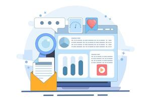 Email Analytics Concept, Email campaign analysis, Newsletter marketing. Software for email marketing campaigns. Flat illustration on white background. vector