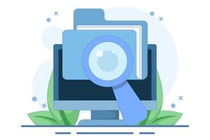 Scan Draft or check folder documents, investigate document archive review, online analysis, reports or documents, check legal documents, find or browse file archive documents. flat illustration. vector