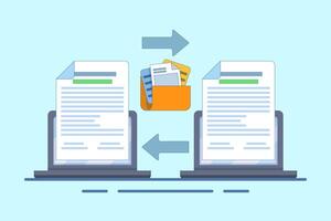 Document Collaboration Concept, teamwork, online file exchange. Paper document files that regulate office contracts. Flat illustration on background. vector