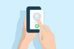 Concept Check money online on mobile phone, holding mobile phone with check mark, and coins. online payment, confirmed internet transaction, digital money transfer. flat illustration on background. vector