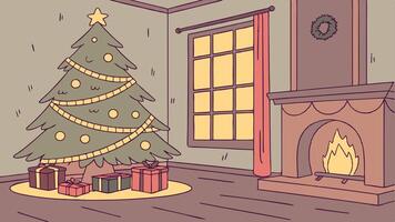 Interior christmas. Magic glowing tree. fireplace and gifts. vector